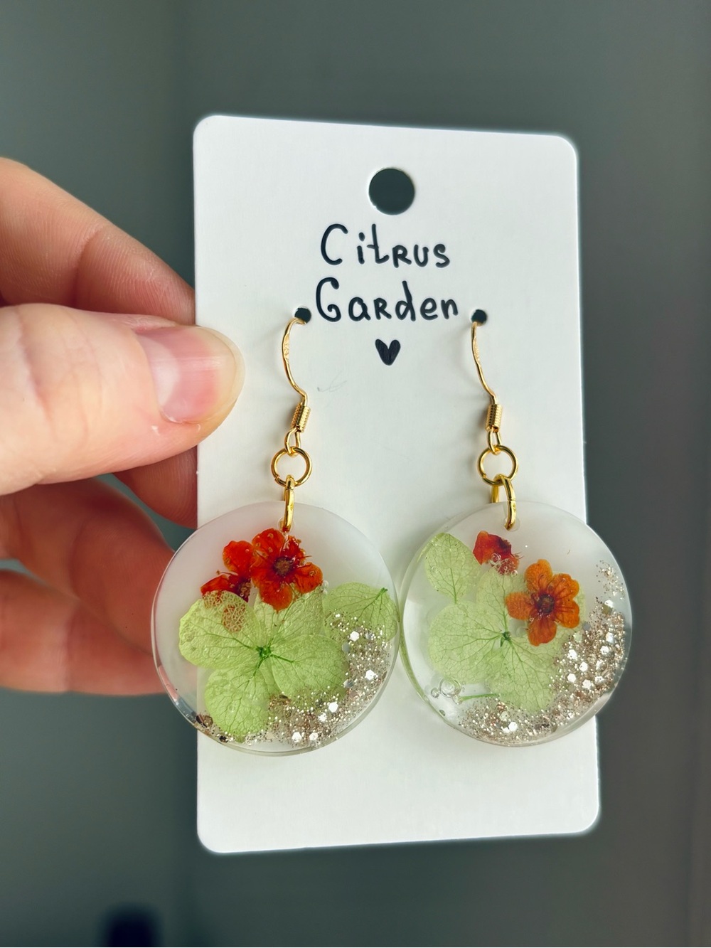 Citrus Garden Resin Earrings Handmade Real Flower Green Orange Floral Dangles